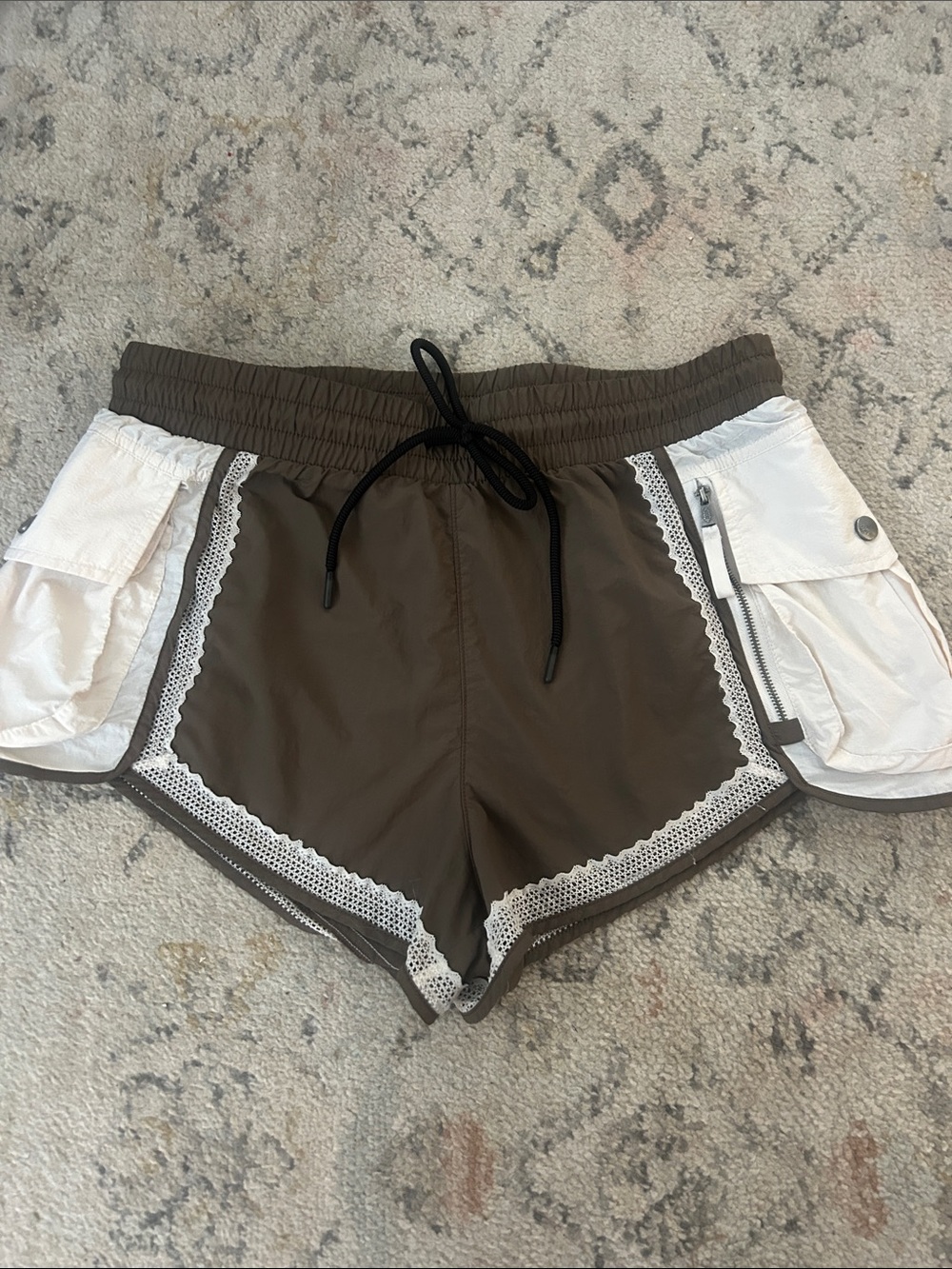 Free People Olive Green Athletic Shorts with White Pocket Panels